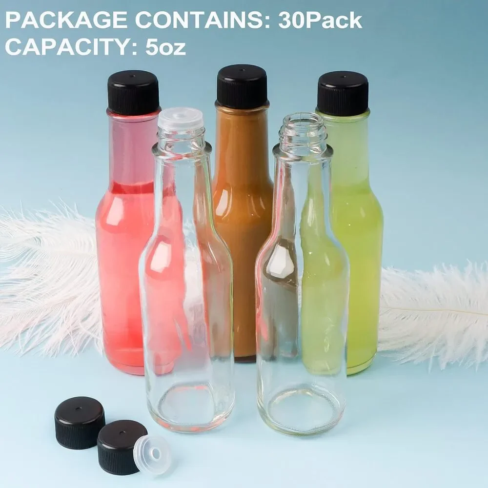 30 Pack Sauce Bottles, 5oz Clear, Black Caps, Snap On Dripper Inserts, Labels